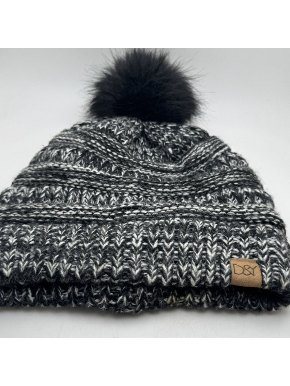 David & Young Women's Black White Marled Knit Beanie Hat with Faux Fur Pom-Pom